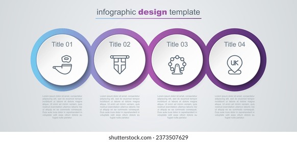 Set line Smoking pipe, England flag on pennant, London eye and Location. Business infographic template. Vector