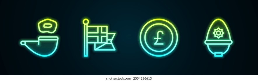 Set line Smoking pipe, England flag on flagpole, Coin money with pound and British police helmet. Glowing neon icon. Vector