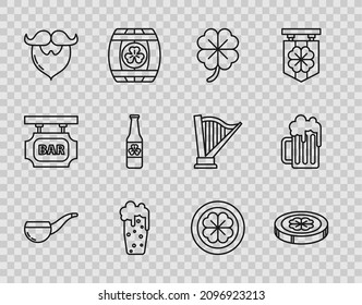 Set line Smoking pipe, Gold coin with four leaf clover, Four, Glass of beer, Mustache and beard, Beer bottle,  and Wooden mug icon. Vector