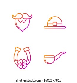 Set line Smoking pipe, Horseshoe with four leaf clover, Mustache and beard and Leprechaun hat. Gradient color icons. Vector