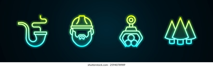 Set line Smoking pipe, Lumberjack, Grapple crane grabbed log and Christmas tree. Glowing neon icon. Vector