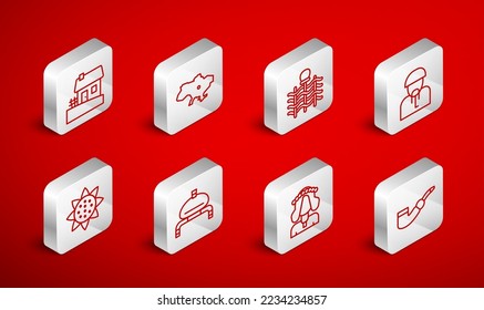 Set line Smoking pipe, Map of Ukraine, Wicker fence, Ukrainian cossack, woman, house, Bread and salt and Sunflower icon. Vector