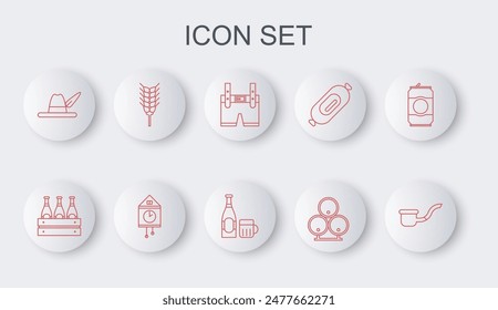 Set line Smoking pipe, Pack of beer bottles, Lederhosen, Wooden barrels, Oktoberfest hat, Wheat, Retro wall watch and Beer and glass icon. Vector