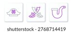 Set line Smoking pipe, Pirate hat and Crossed pirate swords icon. Vector