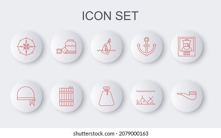 Set line Smoking pipe, Pirate bandana for head, Bottle with message water, Sunken ship, Wind rose, game dice, Wooden barrel and sack icon. Vector