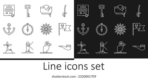 Set line Smoking pipe, Pirate flag with skull, hat, Compass, Anchor, Decree, parchment, scroll, Ship steering wheel and key icon. Vector