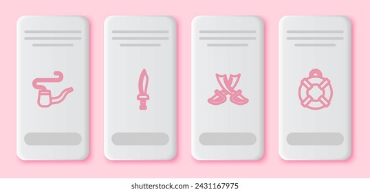 Set line Smoking pipe, Pirate sword, Crossed pirate swords and Lifebuoy. White rectangle button. Vector