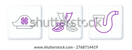 Set line Smoking pipe, Pirate hat and Crossed pirate swords icon. Vector