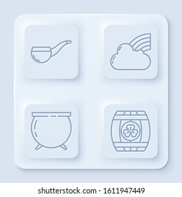Set line Smoking pipe, Rainbow with cloud, Witch cauldron and Wooden barrel with four leaf clover. White square button. Vector
