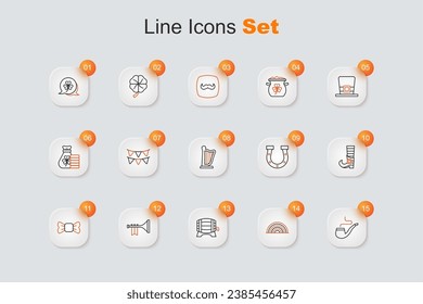 Set line Smoking pipe, Rainbow, Wooden barrel on rack, Trumpet, Bow tie, Leprechaun boot, Horseshoe and Harp icon. Vector