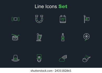 Set line Smoking pipe, Rainbow with cloud, Leprechaun, hat, Four leaf clover, Beer bottle, Harp and Drum drum sticks icon. Vector