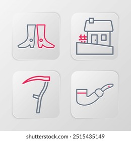 Set line Smoking pipe, Scythe, Ukrainian house and footwear icon. Vector