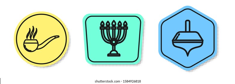 Set line Smoking pipe with smoke, Hanukkah menorah and Hanukkah dreidel. Colored shapes. Vector