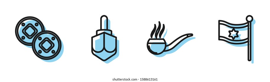 Set line Smoking pipe with smoke, Jewish coin, Hanukkah dreidel and Flag of Israel icon. Vector