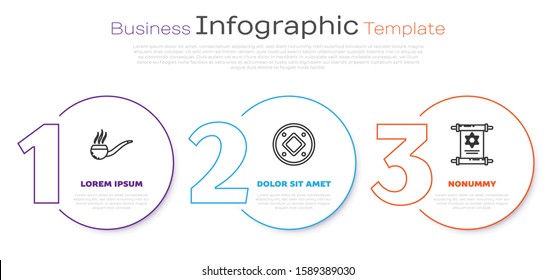 Set line Smoking pipe with smoke, Jewish coin and Torah scroll. Business infographic template. Vector