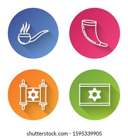 Set line Smoking pipe with smoke, Traditional ram horn, shofar, Torah scroll and Flag of Israel. Color circle button. Vector