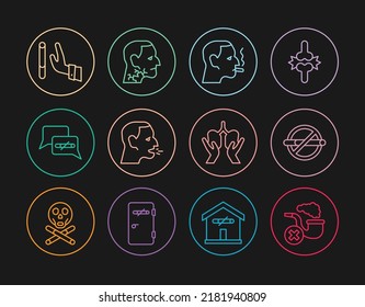 Set line Smoking pipe with smoke, No smoking, Man a cigarette, coughing, Giving up, Lungs and Throat cancer icon. Vector