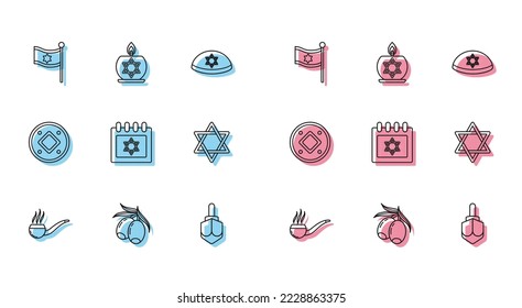 Set line Smoking pipe with smoke, Olives branch, Flag of Israel, Hanukkah dreidel, Jewish calendar star david, Star David, coin and Burning candle candlestick icon. Vector