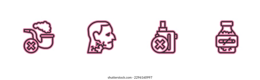 Set line Smoking pipe with smoke, No electronic cigarette, Throat cancer and Nicotine gum blister pack icon. Vector