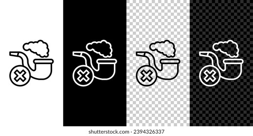 Set line Smoking pipe with smoke icon isolated on black and white, transparent background. Tobacco pipe.  Vector