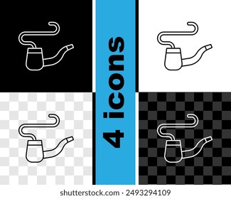 Set line Smoking pipe with smoke icon isolated on black and white, transparent background. Tobacco pipe.  Vector