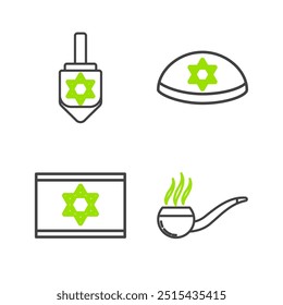 Set line Pipa de fumar con humo, bandera de Israel, estrella judía kippah David y Hanukkah dreidel icono. Vector