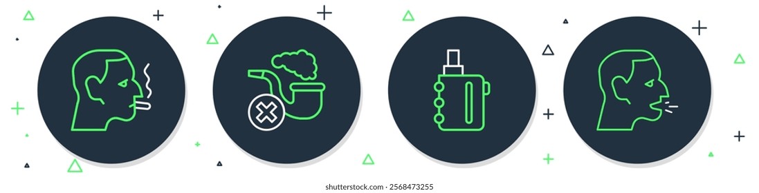 Set line Smoking pipe with smoke, Electronic cigarette, Man smoking and coughing icon. Vector