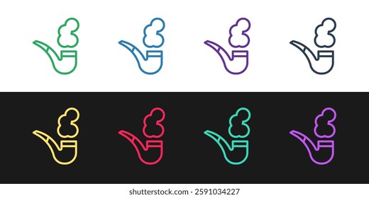 Set line Smoking pipe with smoke icon isolated on black and white background. Tobacco pipe.  Vector