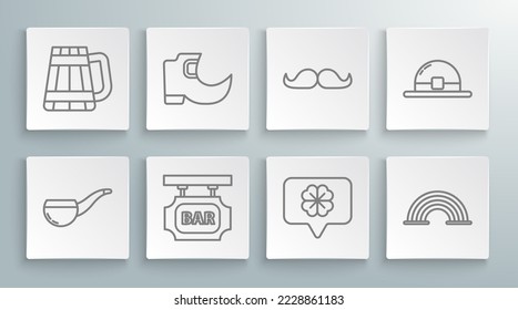 Set line Smoking pipe, Tradition leprechaun boots, Street signboard with inscription Bar, Four leaf clover speech bubble, Rainbow, Mustache, Leprechaun hat and Wooden beer mug icon. Vector
