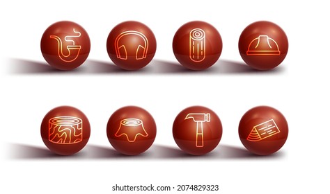 Set line Smoking pipe, Tree stump, Worker safety helmet, Hammer, Headphones, Wooden beam and logs icon. Vector