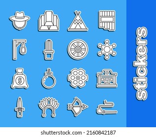 Set line Smoking pipe, Wild west saloon, Hexagram sheriff, Indian teepee or wigwam, Cactus peyote pot, Gallows, Western cowboy hat and Old wooden wheel icon. Vector