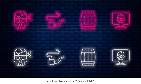 Set line Smoking pipe, Wooden barrel, Pirate captain and Skull. Glowing neon icon on brick wall. Vector