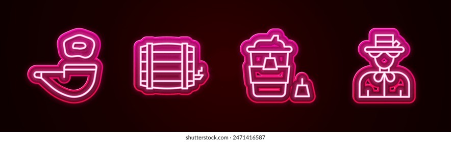 Set line Smoking pipe, Wooden barrel, Coffee cup to go and Queen Elizabeth. Glowing neon icon. Vector