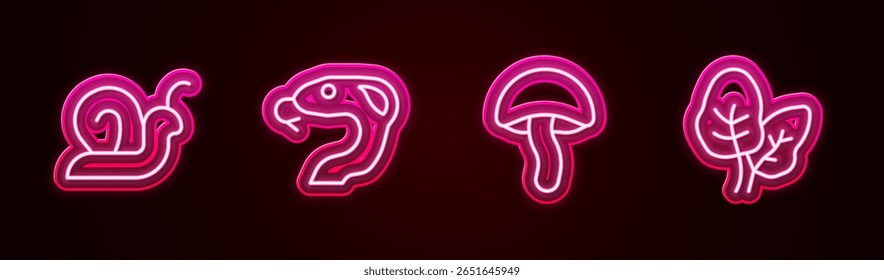 Set line Snail, Snake, Mushroom and Tropical leaves. Glowing neon icon. Vector