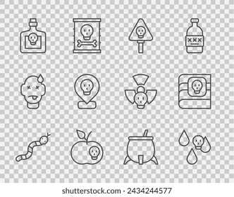 Set line Snake, Acid rain, Bones and skull, Poison apple, Bottle with potion, Radioactive location, Witch cauldron and Book about poisons icon. Vector