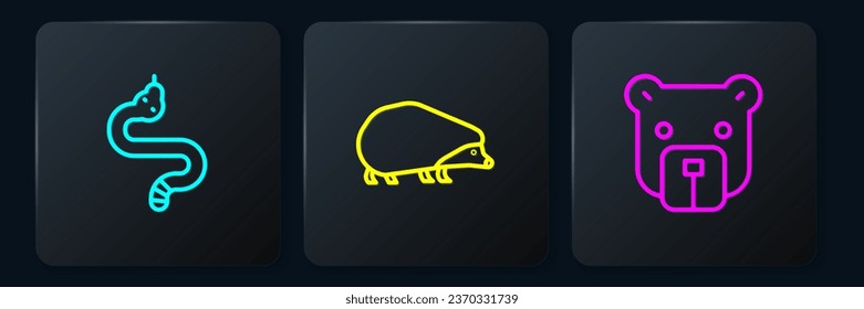 Set line Snake, Bear head and Hedgehog. Black square button. Vector