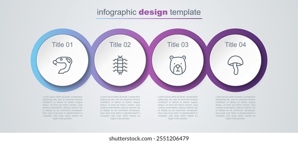 Set line Snake, Centipede insect, Bear head and Mushroom. Business infographic template. Vector
