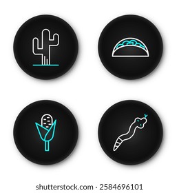 Set line Snake, Corn, Taco with tortilla and Cactus icon. Vector