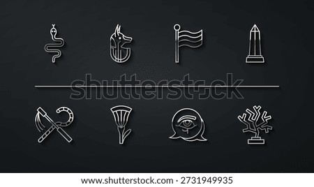 Set line Snake, Crook and flail, Obelisk of Alexandria, Eye Horus, Egyptian lotus, anubis, Coral and Flag Of icon. Vector