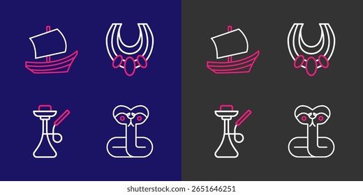 Definir linha Snake, Hookah, colar egípcio e ícone de navio. Vetor