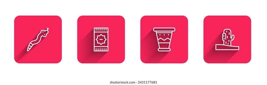 Set line Snake, Mexican carpet, drum and Cactus with long shadow. Red square button. Vector