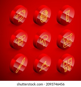 Set line Snake, Mexican mayan or aztec mask, Flashlight, Monkey, Mushroom, Rhinoceros, Machete and Tree stump icon. Vector