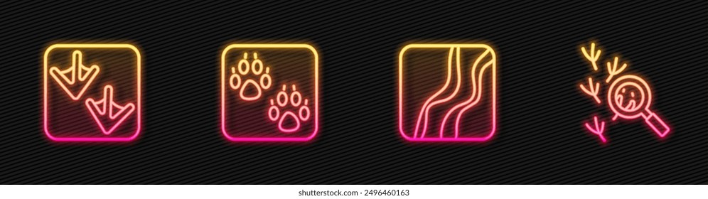 Set line Snake paw footprint, Goose, Paw and Bird. Glowing neon icon. Vector