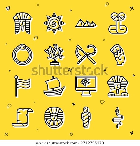 Set line Snake, Sphinx, Nefertiti, Egypt pyramids, Coral, Magic symbol of Ouroboros, Egyptian pharaoh and Crook and flail icon. Vector