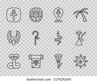 Set line Snake, Sun, Cross ankh, Eye of Horus on papyrus scroll, Crook, Egyptian lotus and Hookah icon. Vector