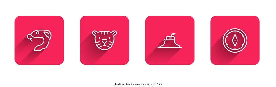 Set line Snake, Tiger head, Tree stump and Compass with long shadow. Red square button. Vector