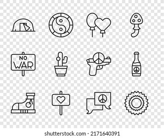 Set line Sneakers, Sun, Balloons, Peace, Tourist tent, Cactus, Speech bubble chat and Beer bottle icon. Vector