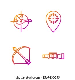 Set line Sniper optical sight, Bow and arrow in quiver, Hunt on duck with crosshairs and Hunt place. Gradient color icons. Vector