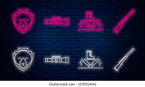Set line Sniper optical sight, Trap hunting, Bear head on shield and Hunting gun. Glowing neon icon on brick wall. Vector
