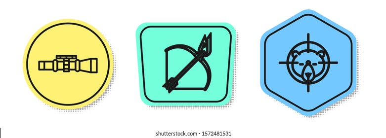 Set line Sniper optical sight, Bow and fire arrow and Hunt on bear with crosshairs. Colored shapes. Vector